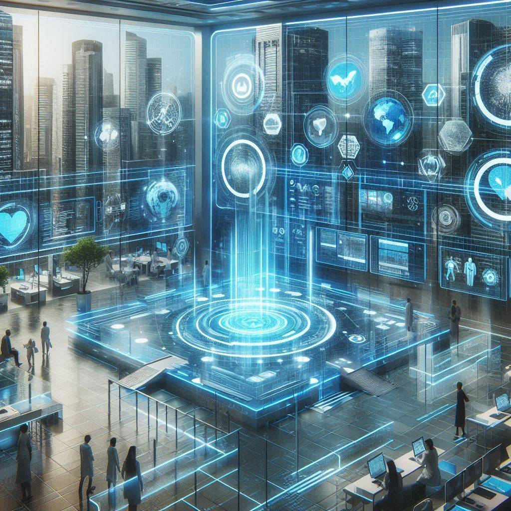 Futuristic hospital operations center with clinicians using digital displays.