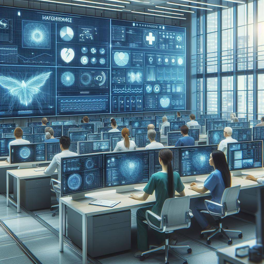Healthcare operations center with staff monitoring large digital displays.
