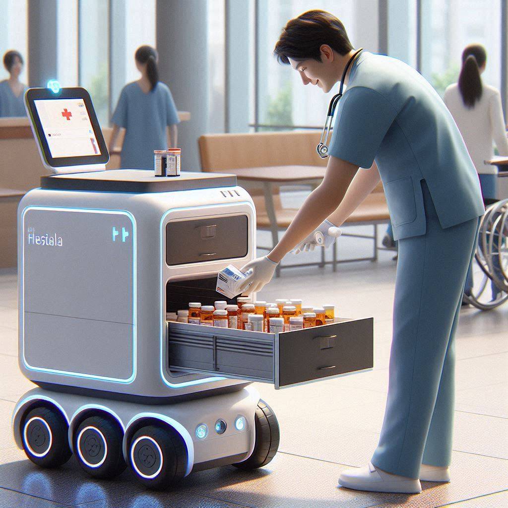 Clinician retrieving medication from an autonomous mobile robot.